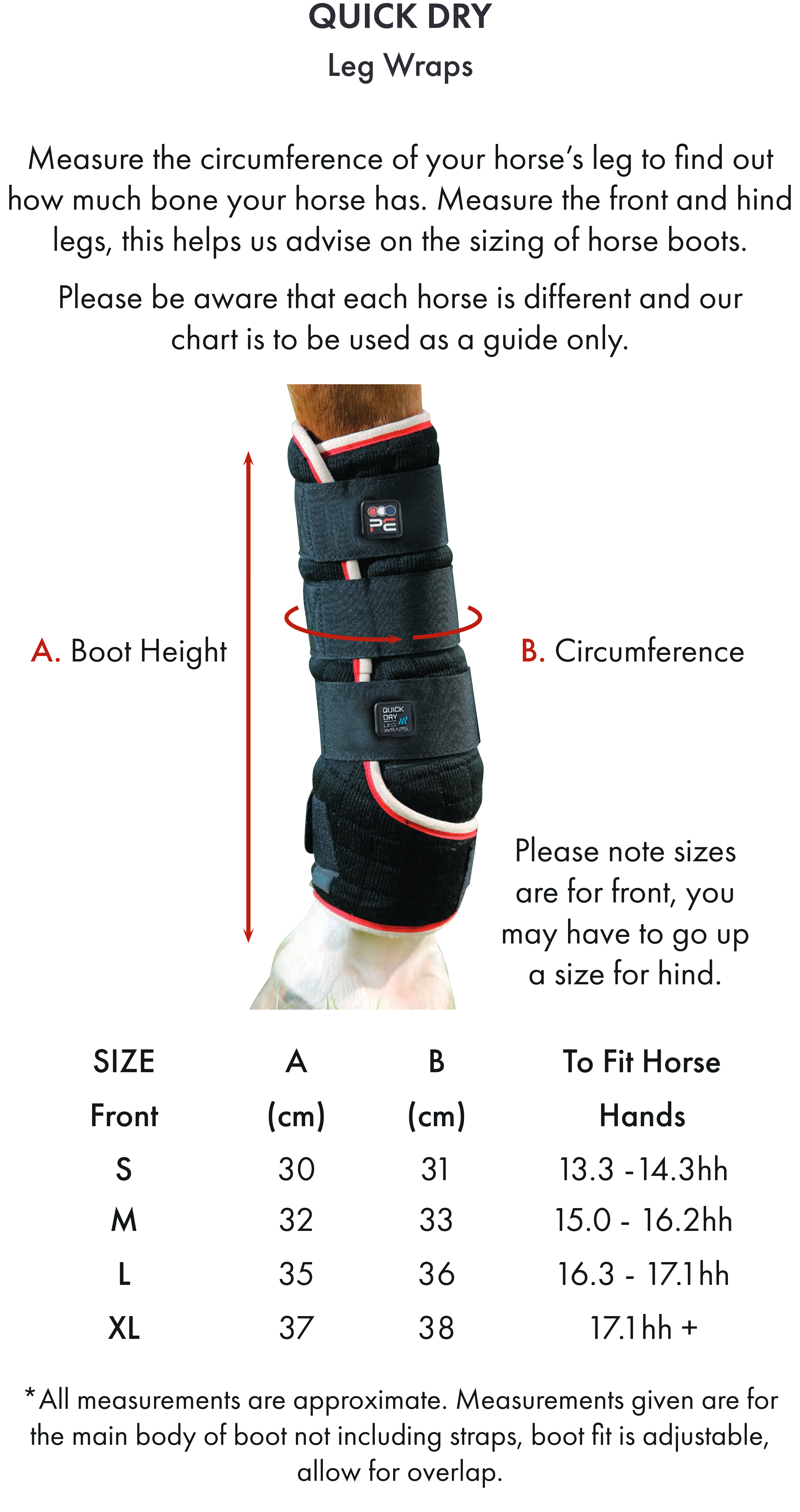 Premier Equine Quick Dry Horse Leg Wraps – Size chart