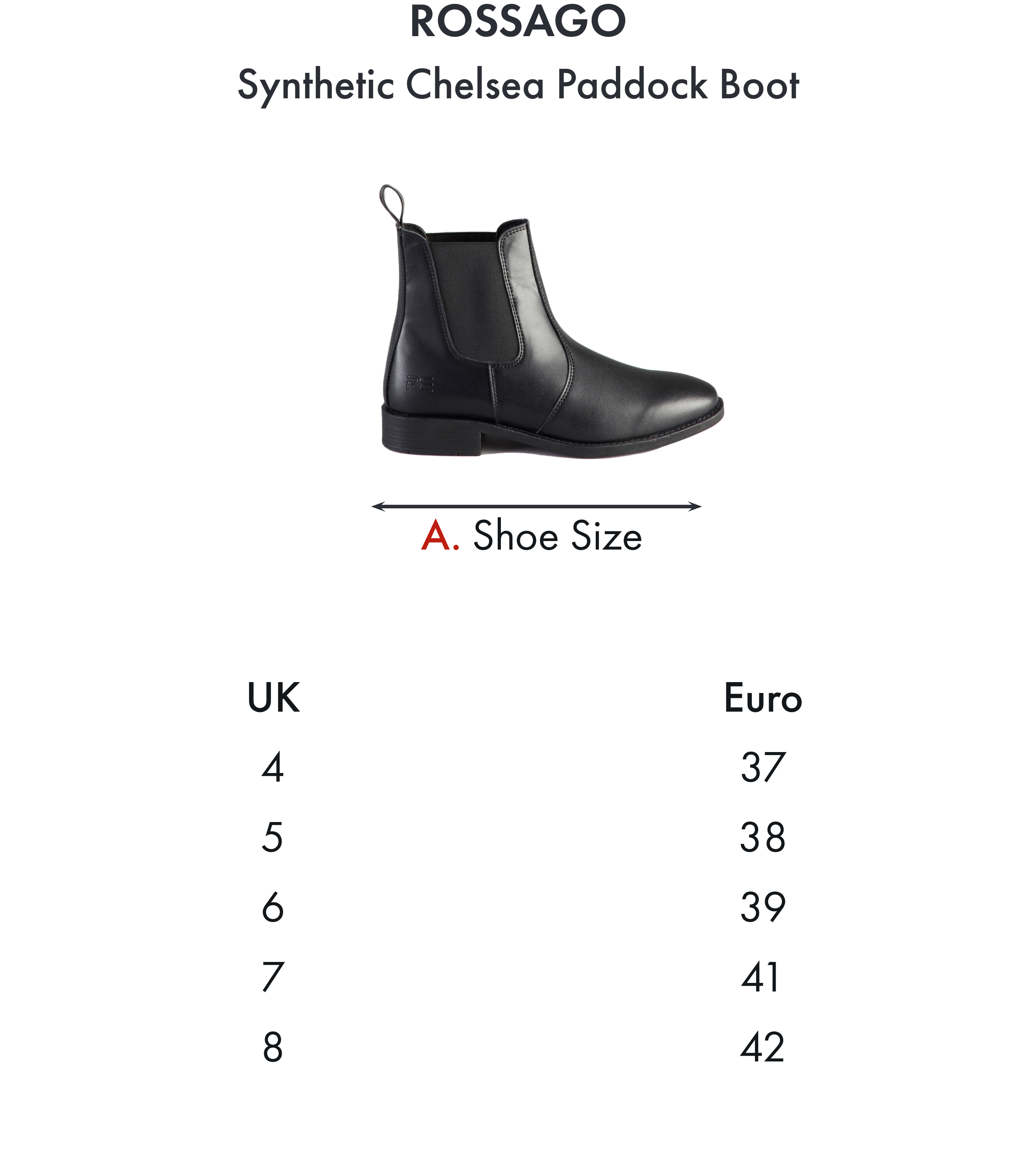 Premier Equine Rossago Synthetic Chelsea Paddock Boot – Size chart