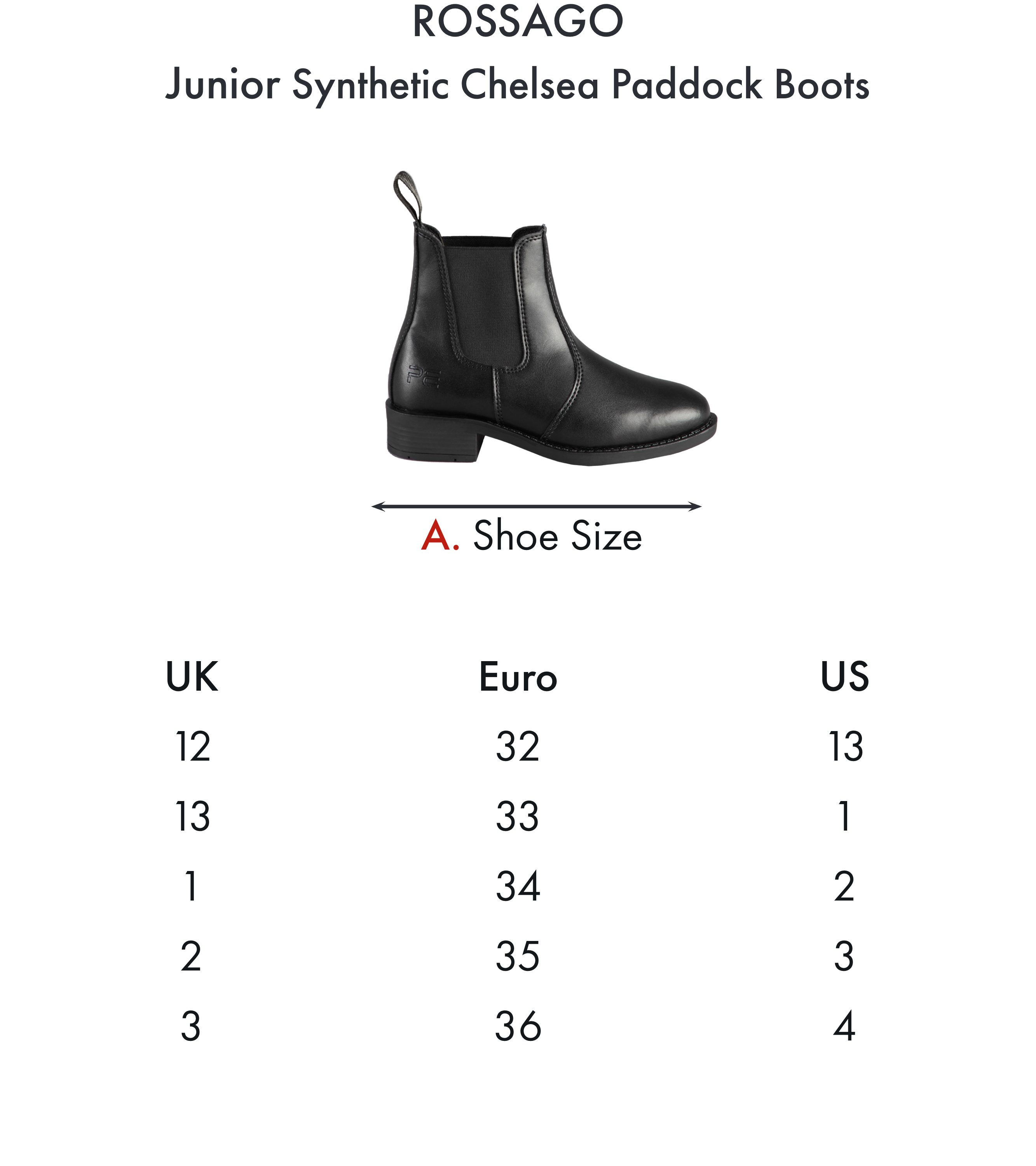 Premier Equine Rossago Junior Synthetic Chelsea Paddock Boot – Size chart