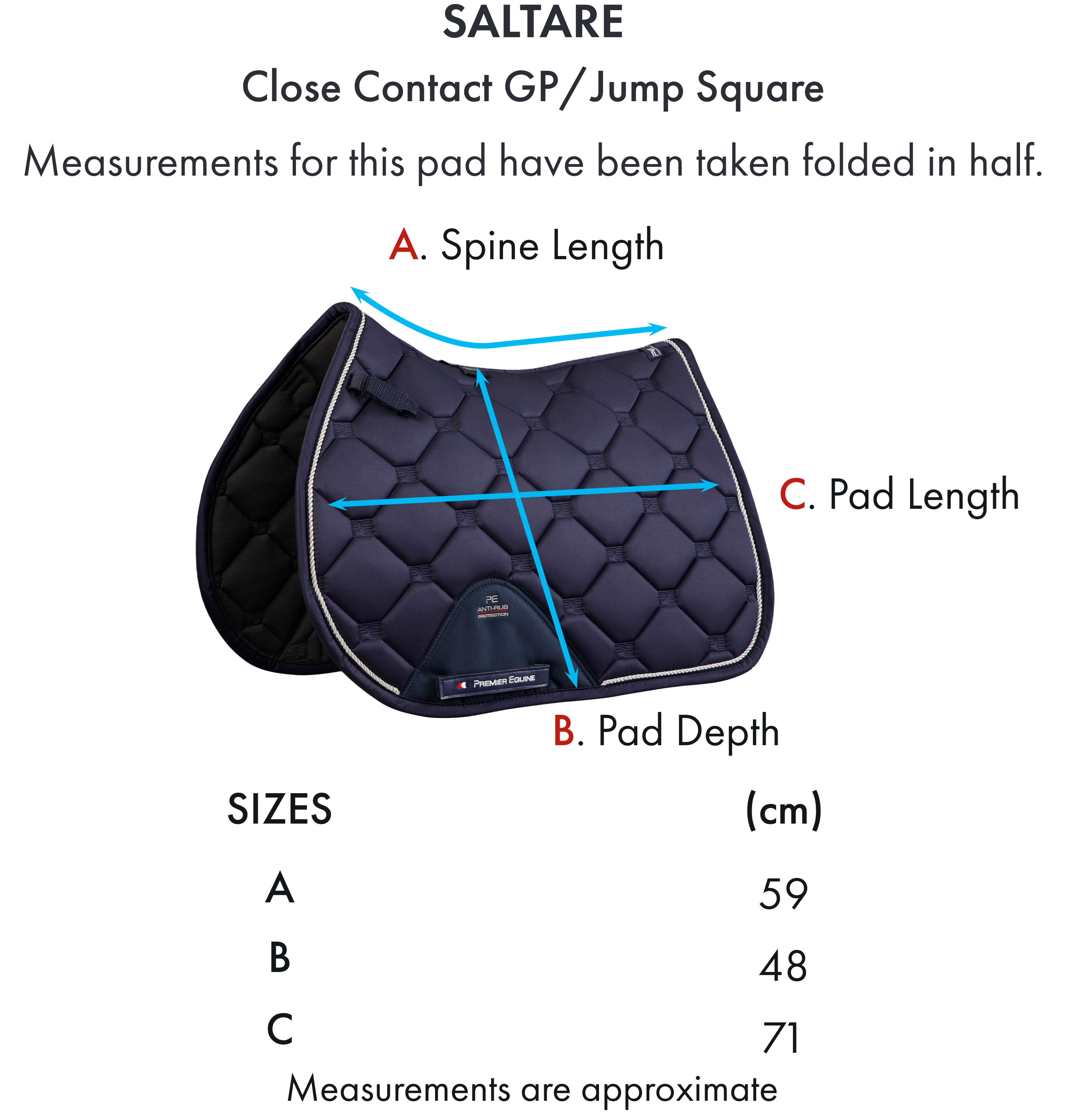 Premier Equine Saltare Close Contact GP/Jump Square – Size chart