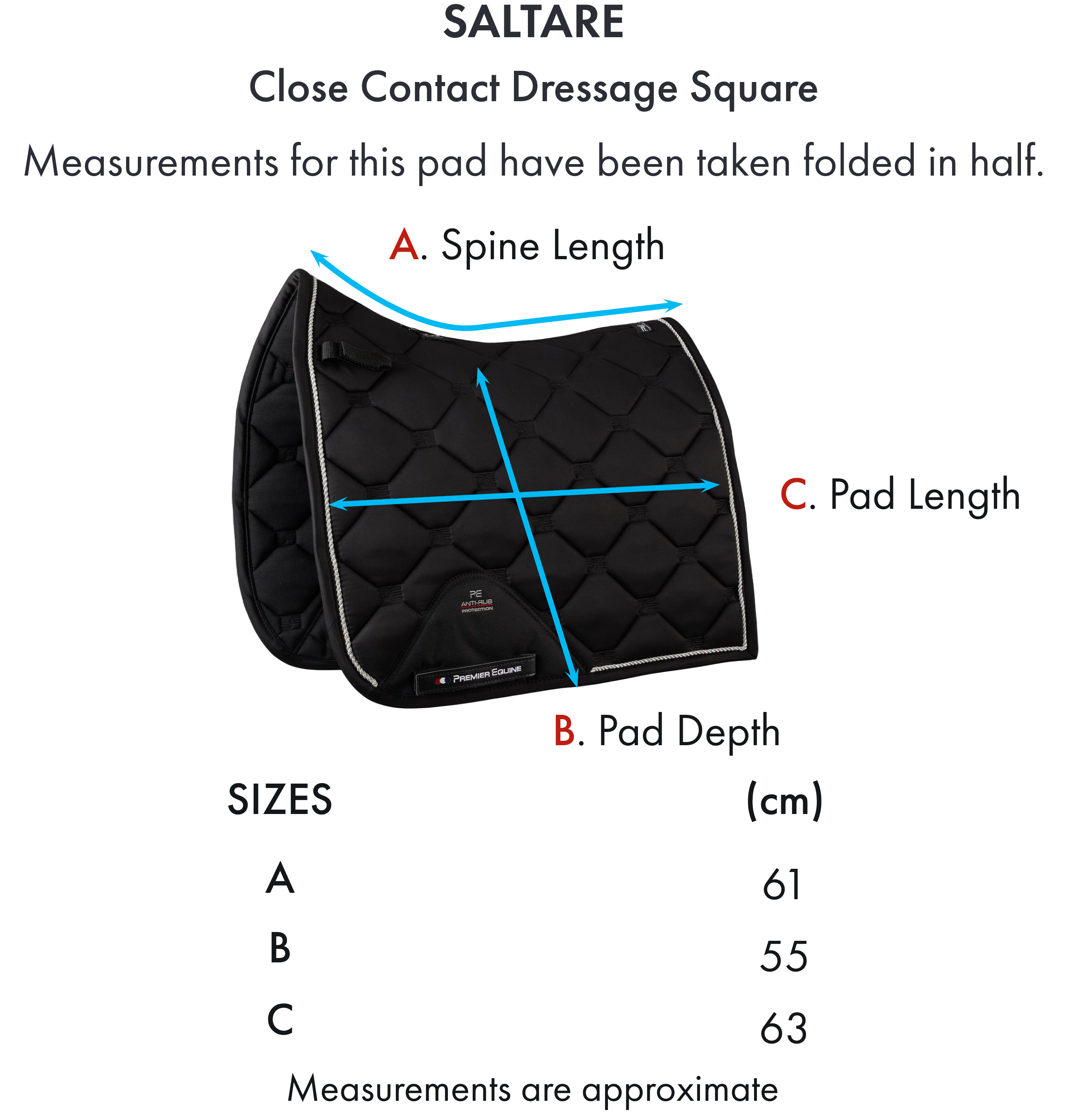 Premier Equine Saltare Close Contact Dressage Square – Size chart