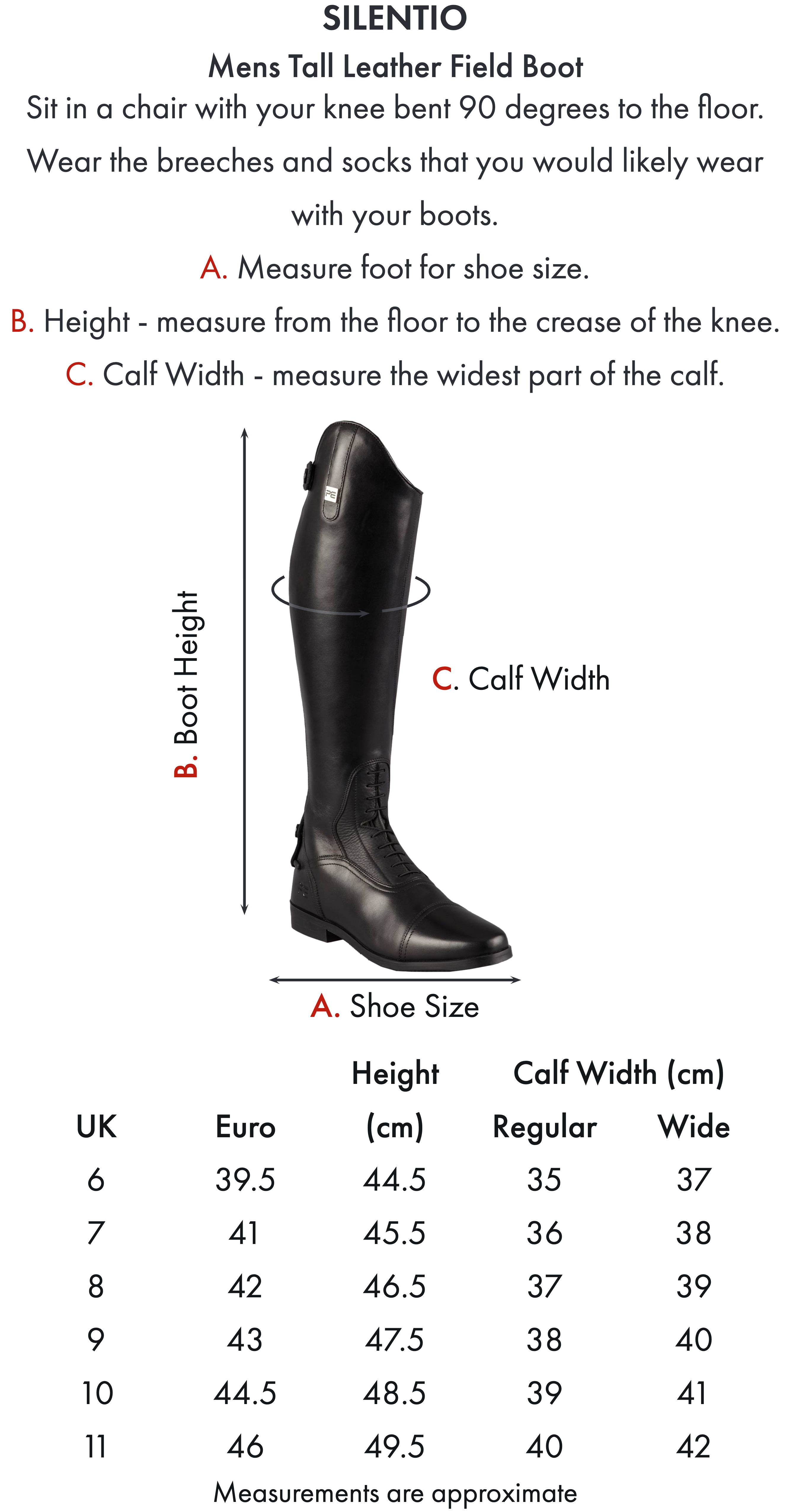 Premier Equine Silentio Mens Tall Leather Field Boot – Size chart