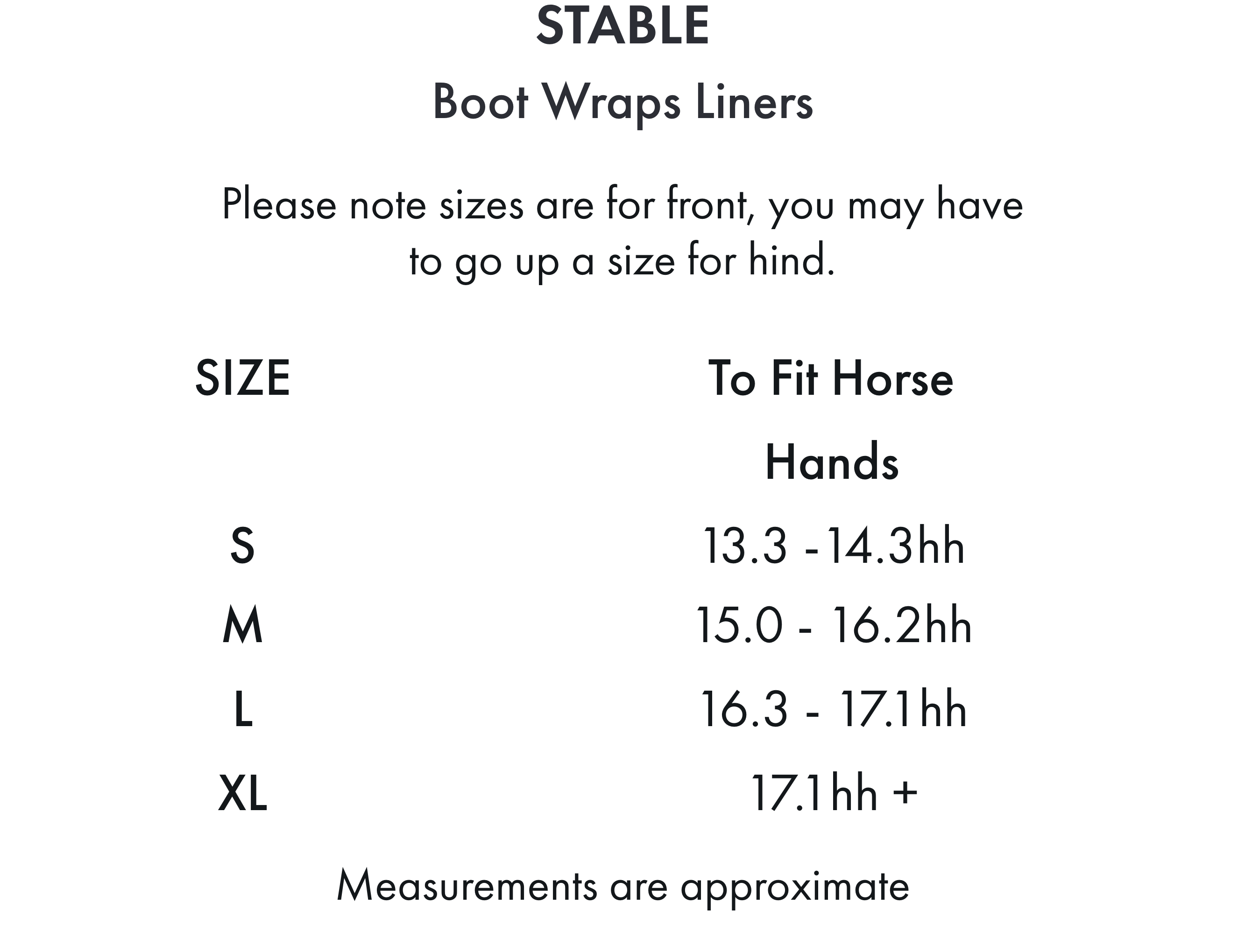 Premier Equine Stable Boot Wrap Liners (Spares) – Size chart