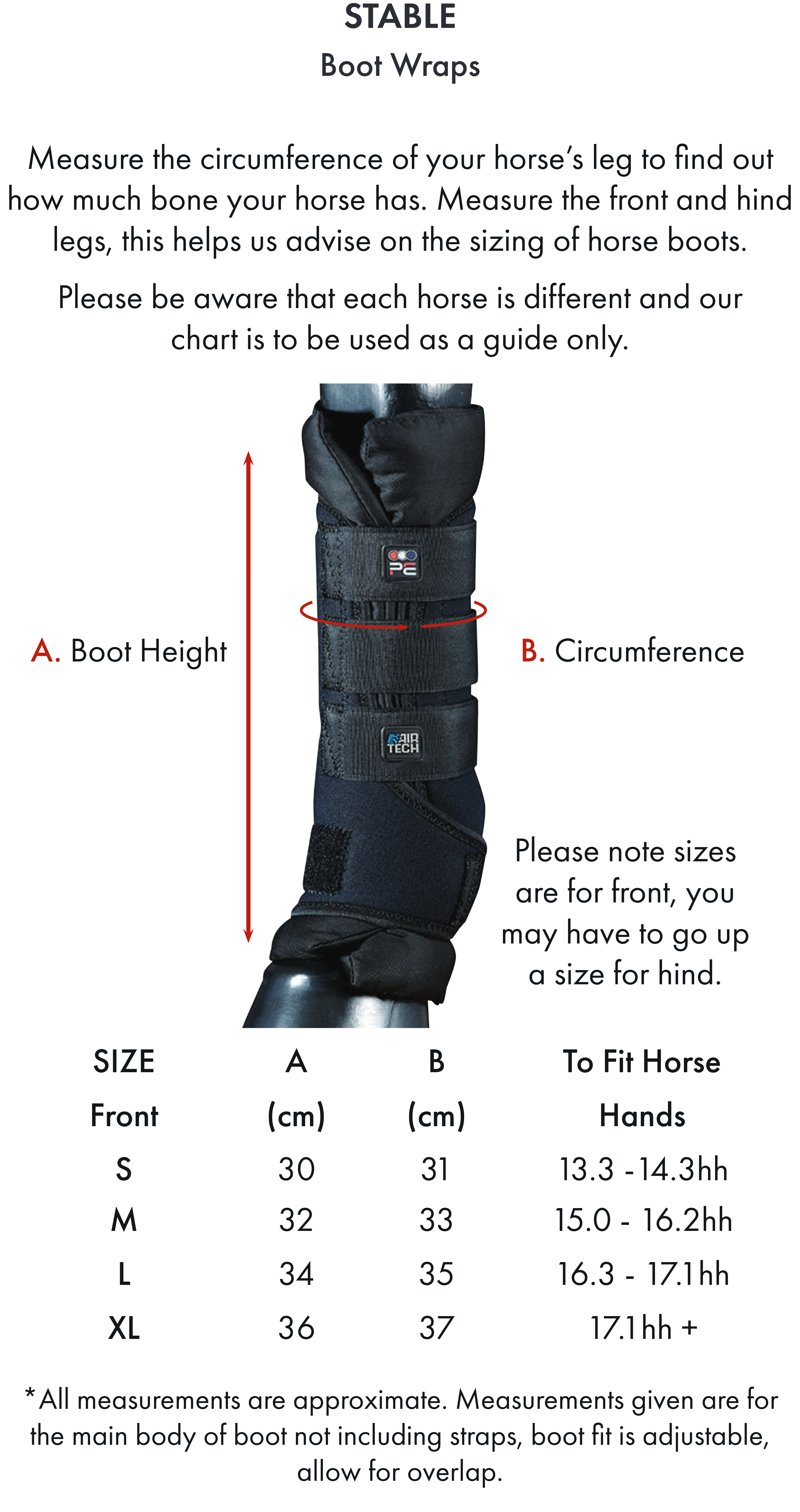 Premier Equine Stable Boot Wraps Inc. Liners – Size chart