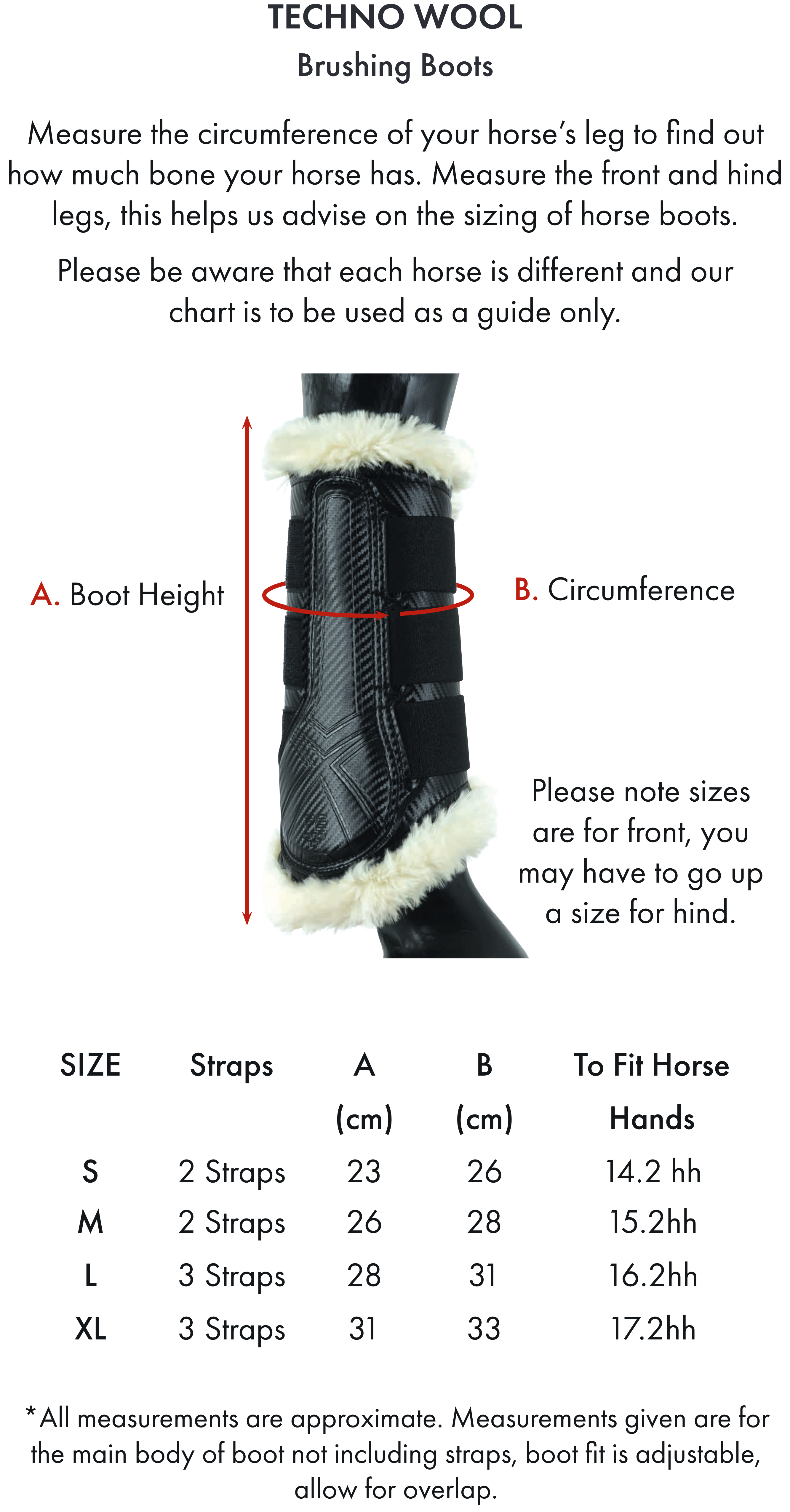 Premier Equine Techno Wool Brushing Boots – Size chart