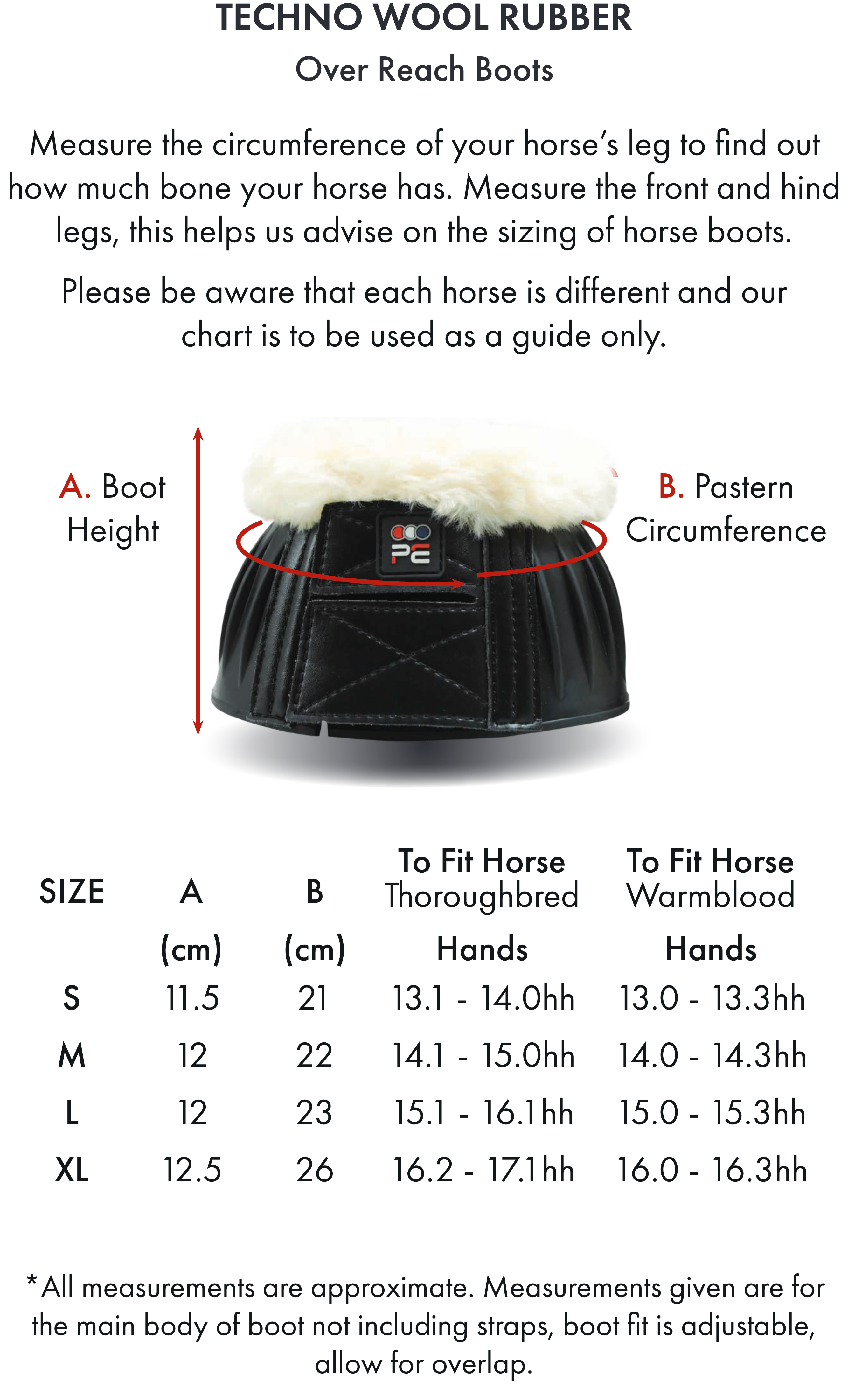 Premier Equine Techno Wool Rubber Bell Over Reach Boots – Size chart