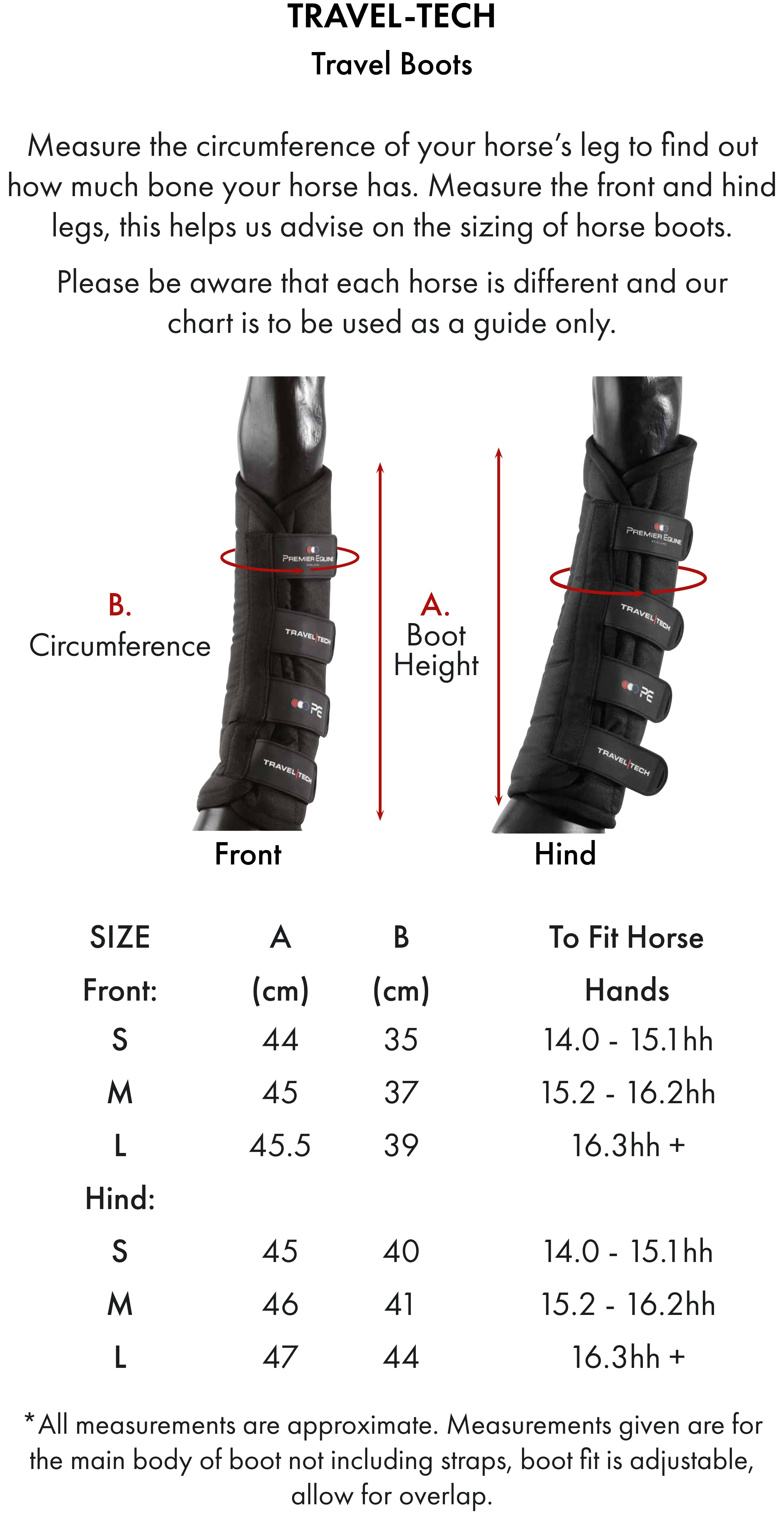 Premier Equine Travel-Tech Travel Boots – Size chart