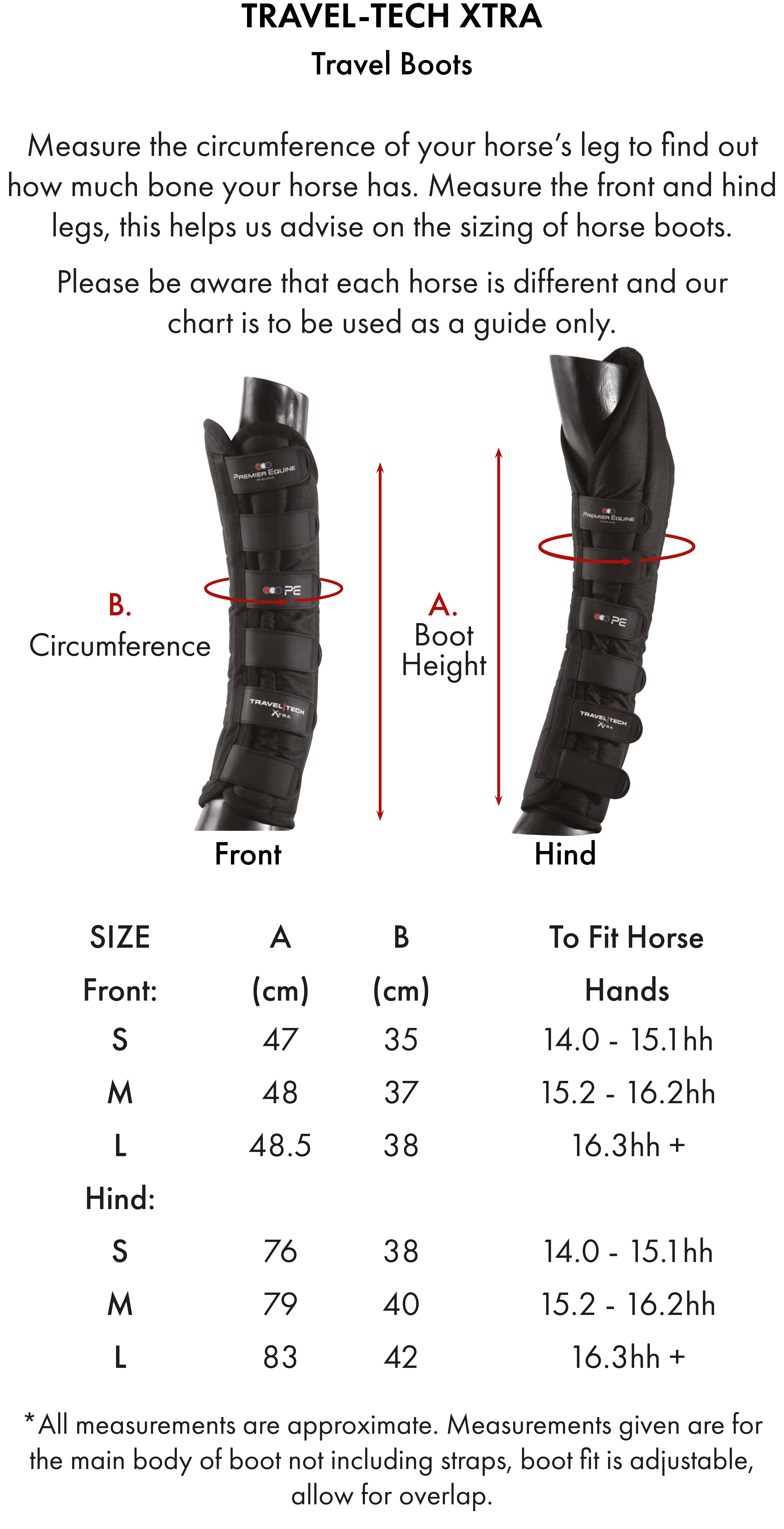 Premier Equine Travel-Tech Xtra Travel Boots – Size chart