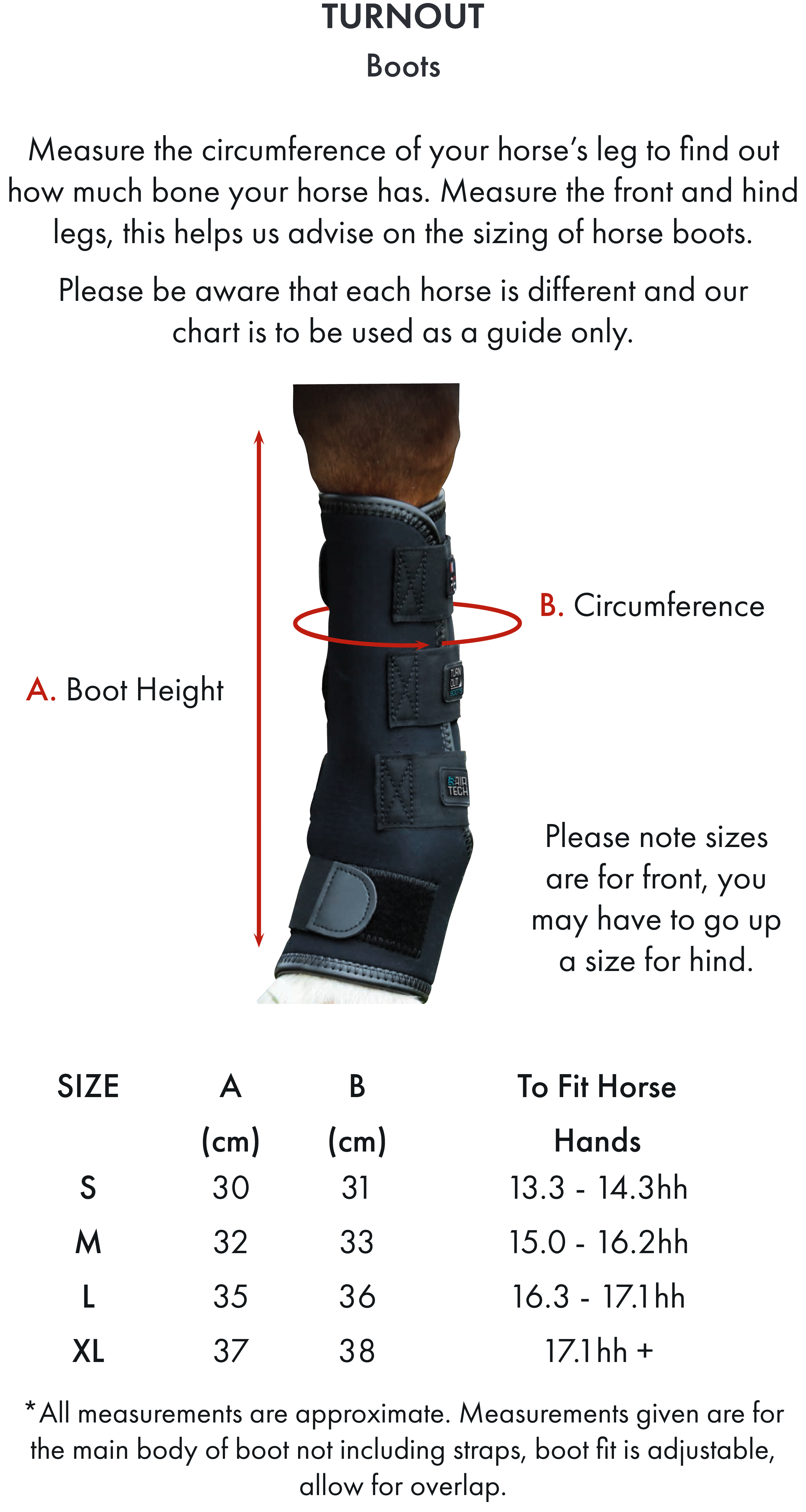 Premier Equine Turnout Boots – Size chart
