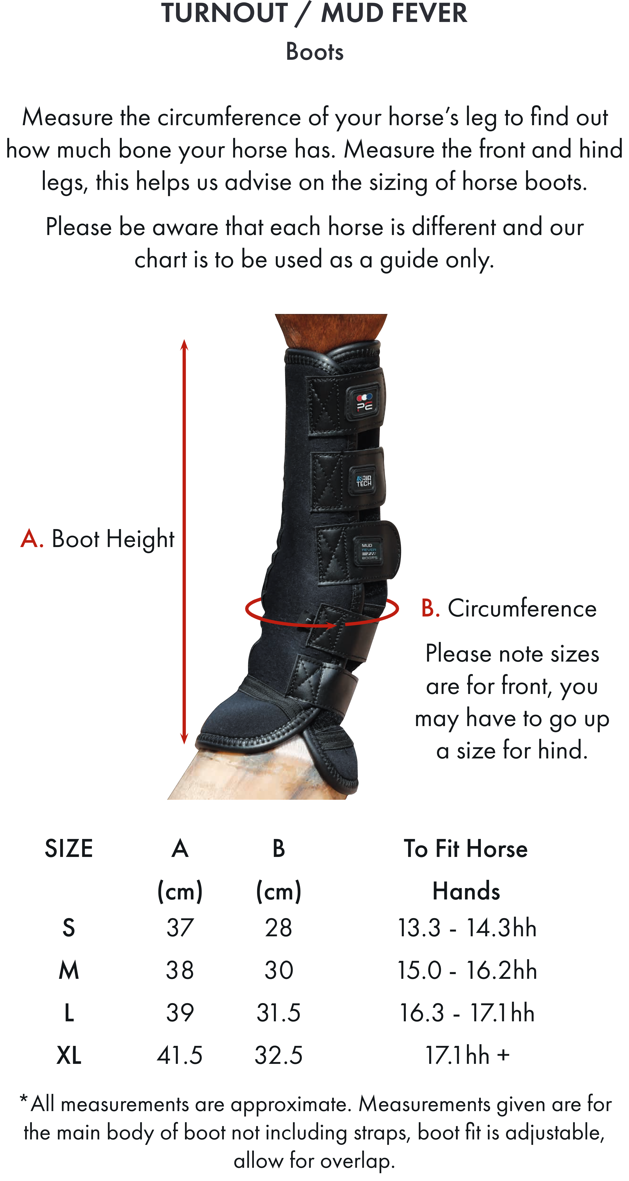 Premier Equine Turnout/ Mud Fever Boots – Size chart