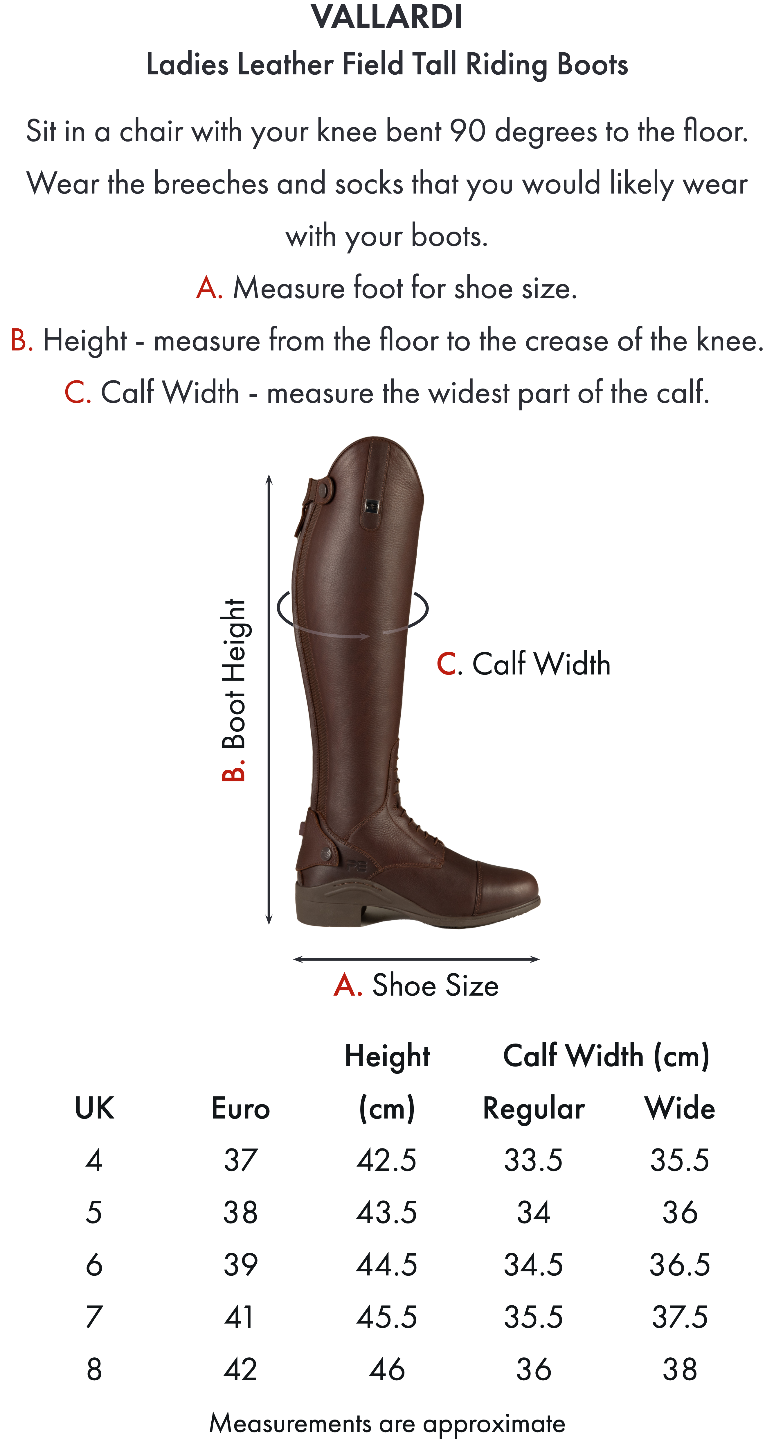 Premier Equine Vallardi Ladies Leather Field Tall Riding Boot – Size chart