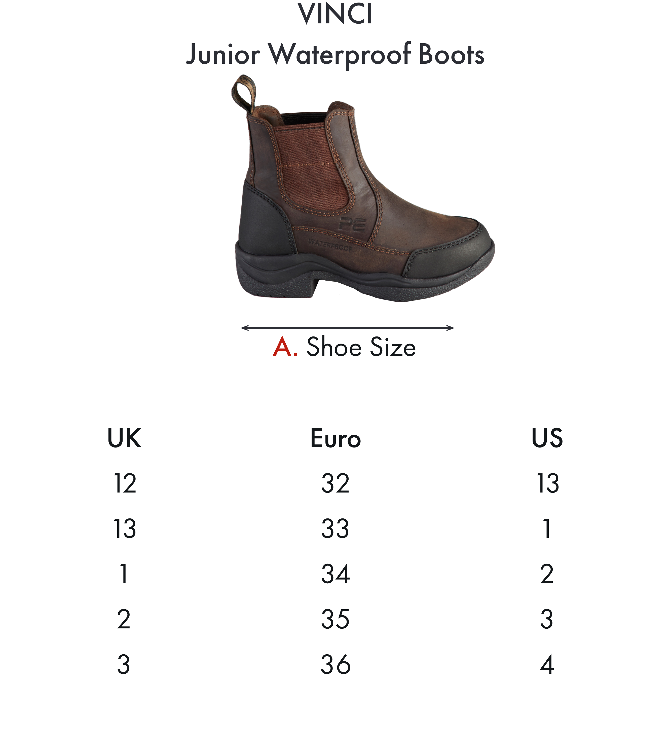 Premier Equine Vinci Junior Waterproof Boot – Size chart