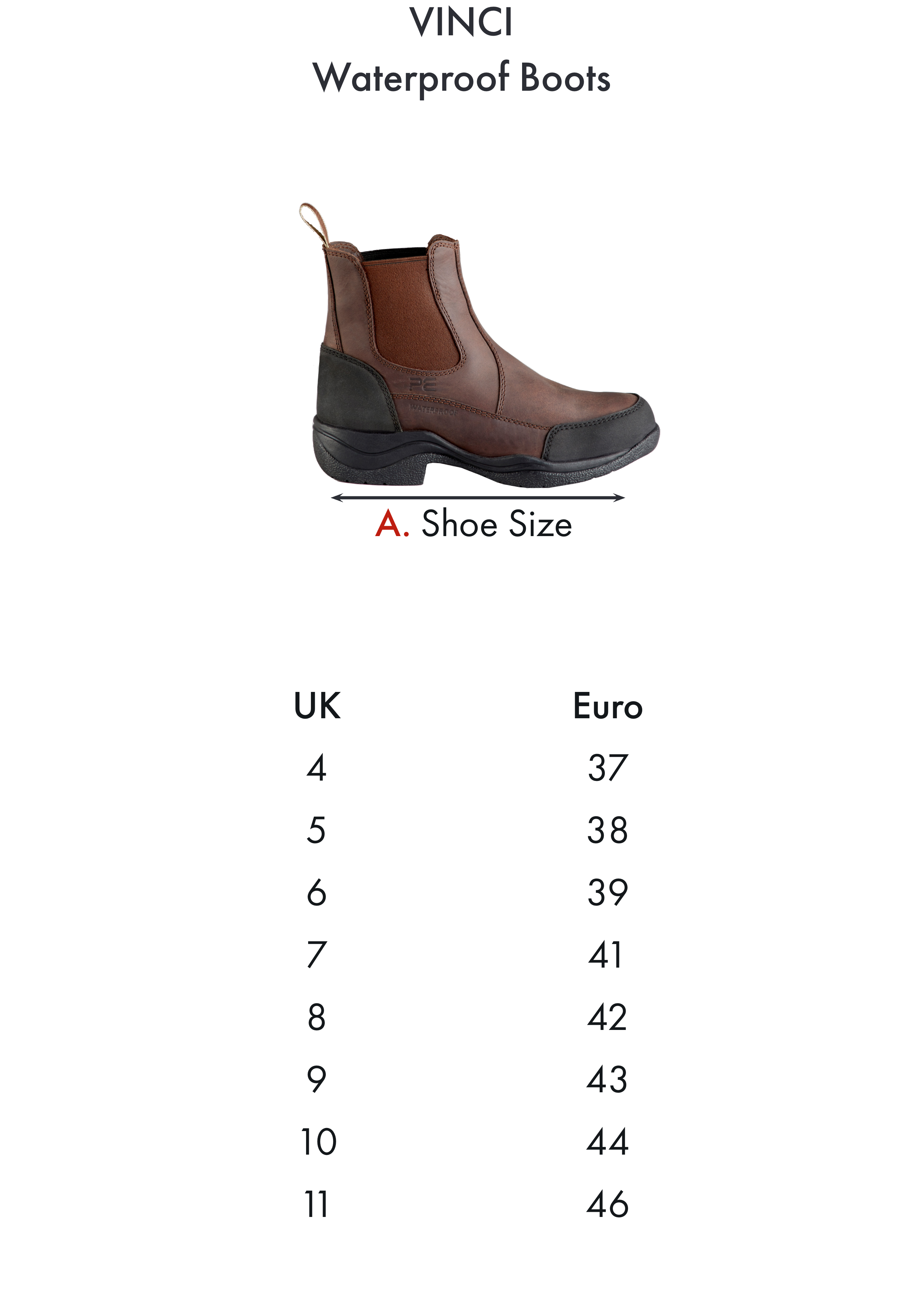 Premier Equine Vinci Waterproof Boot – Size chart