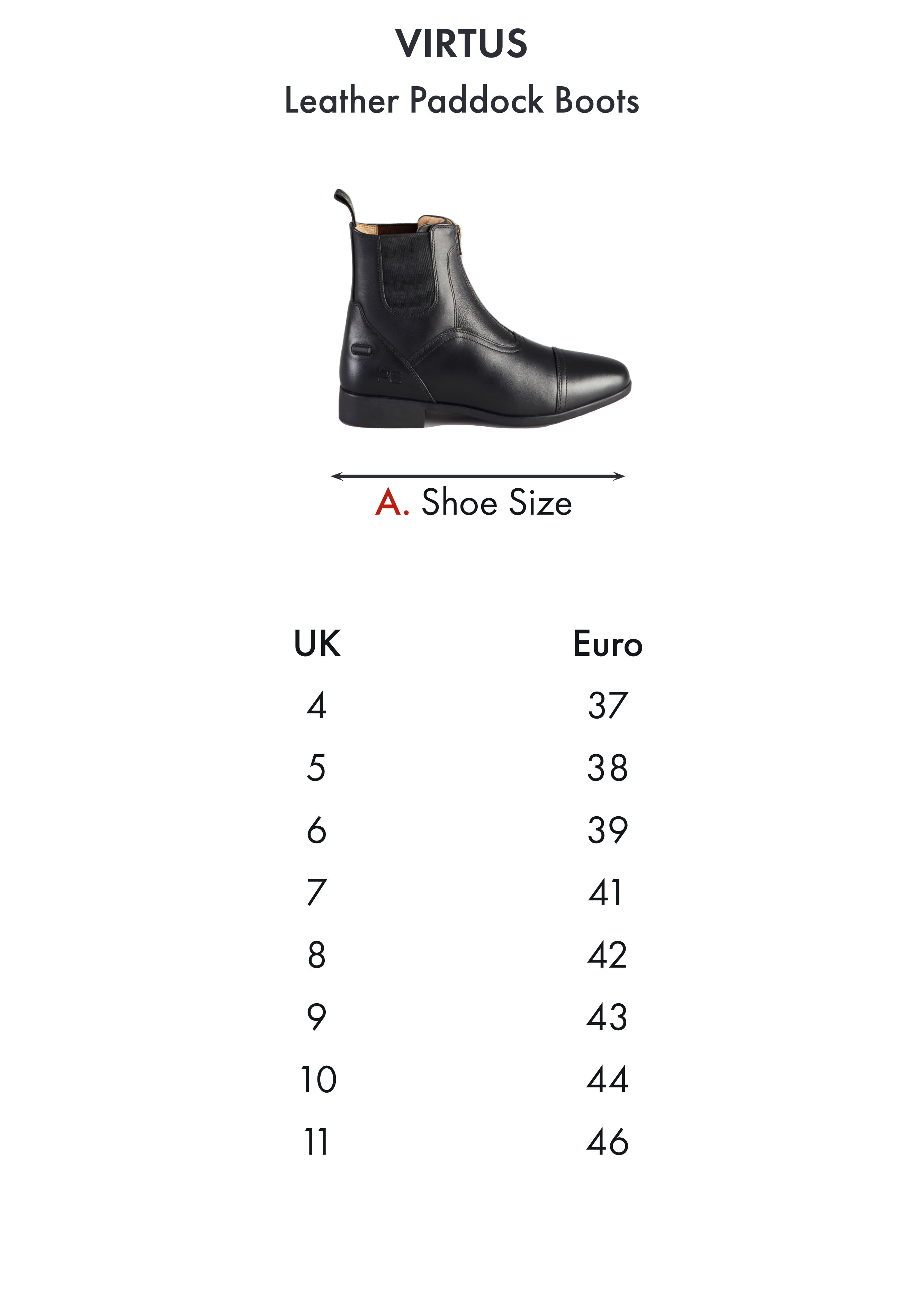 Premier Equine Virtus Leather Paddock Boot – Size chart