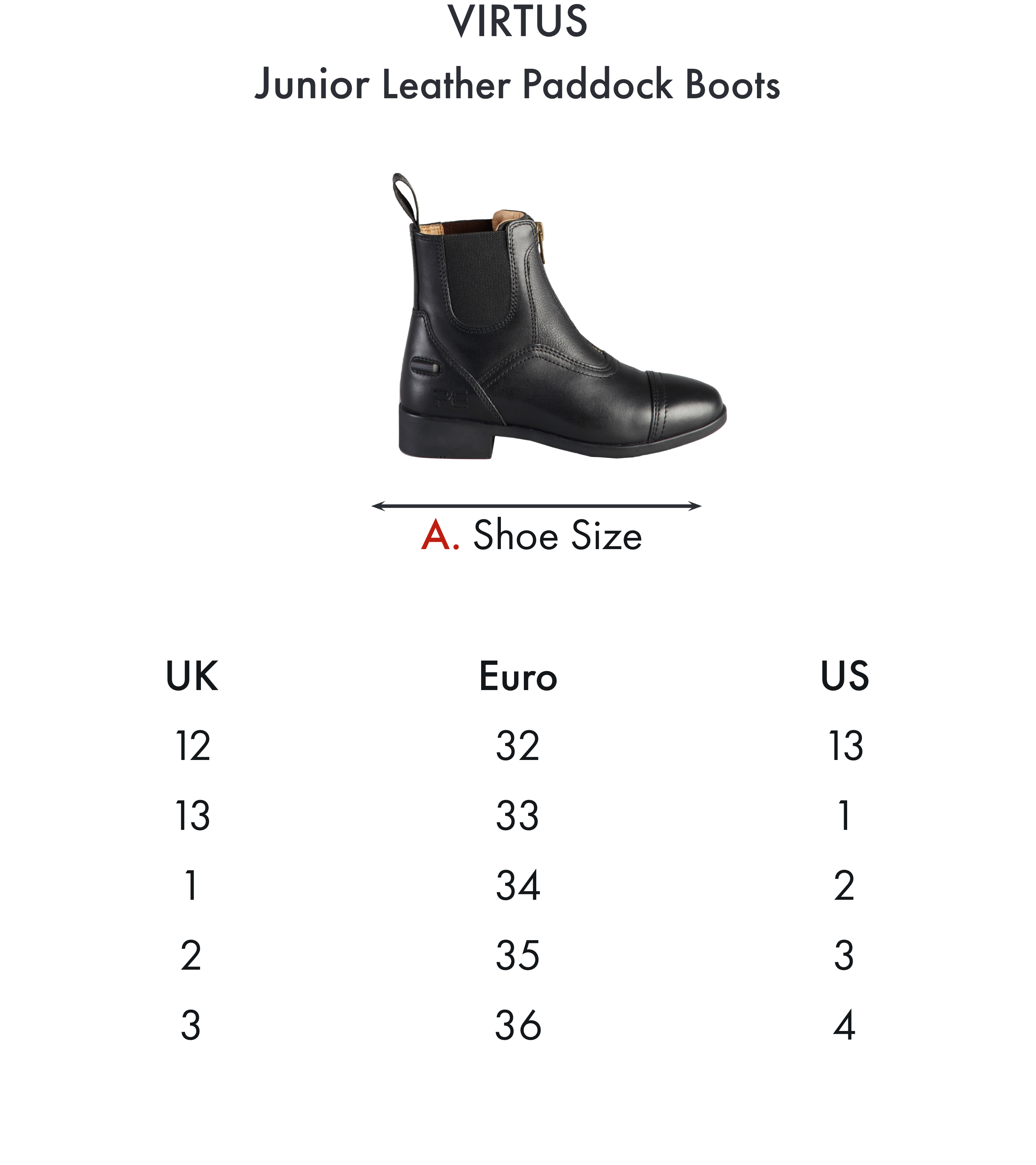 Premier Equine Virtus Junior Leather Paddock Boot – Size chart