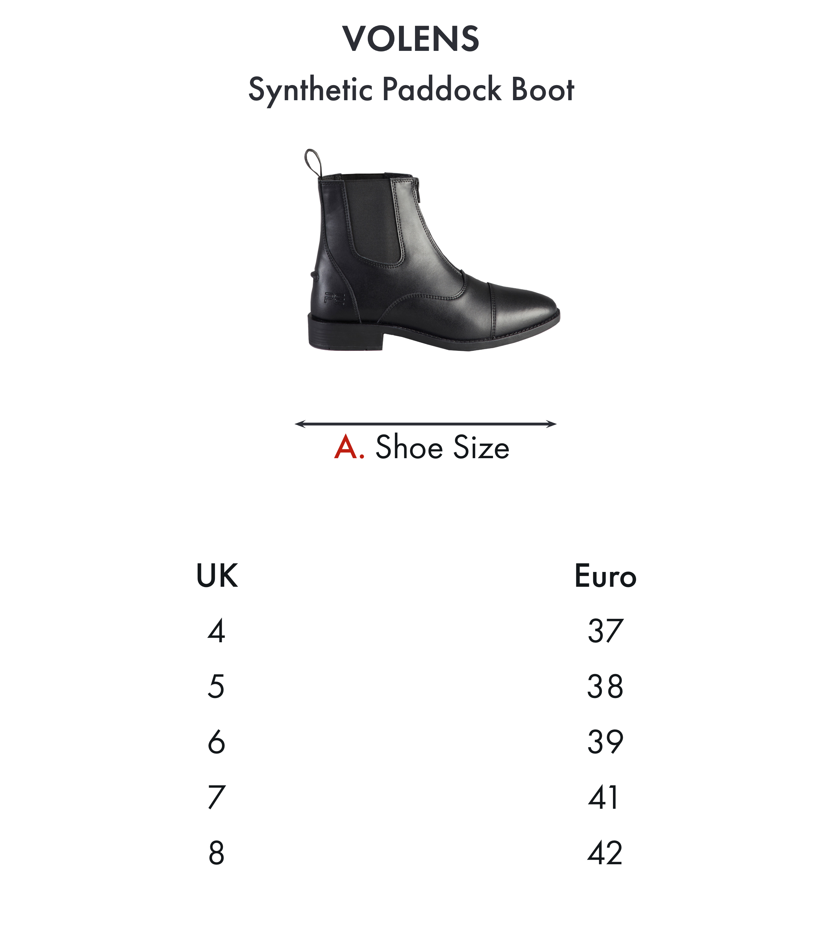 Premier Equine Volens Synthetic Paddock Boot – Size chart