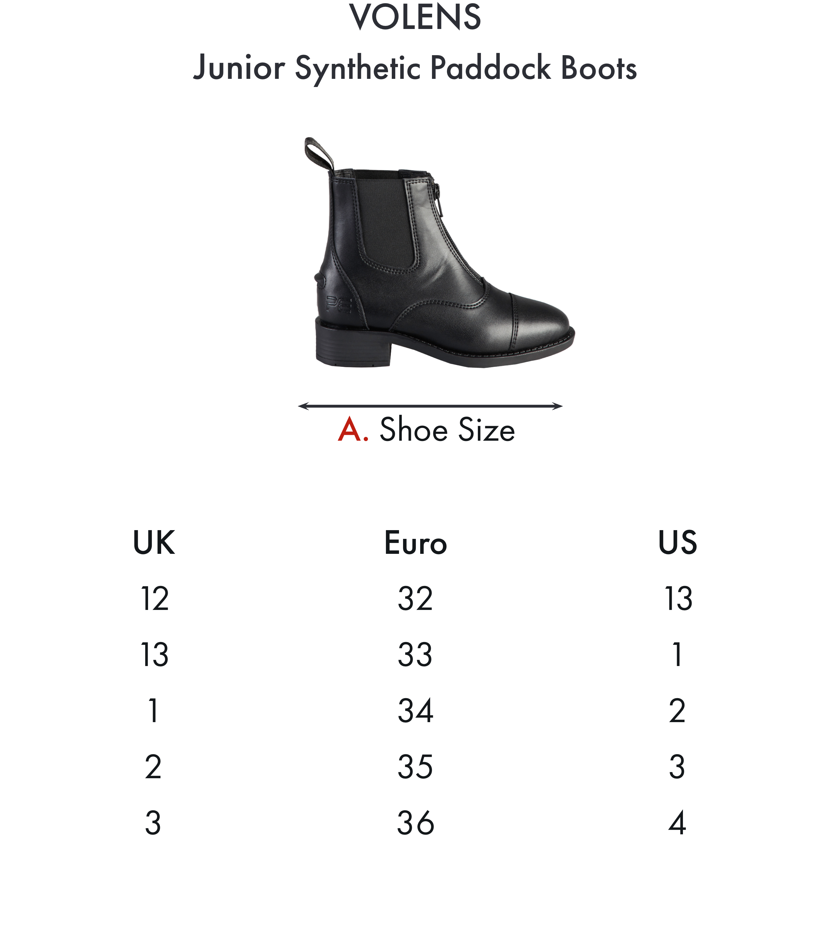 Premier Equine Volens Junior Synthetic Paddock Boot – Size chart