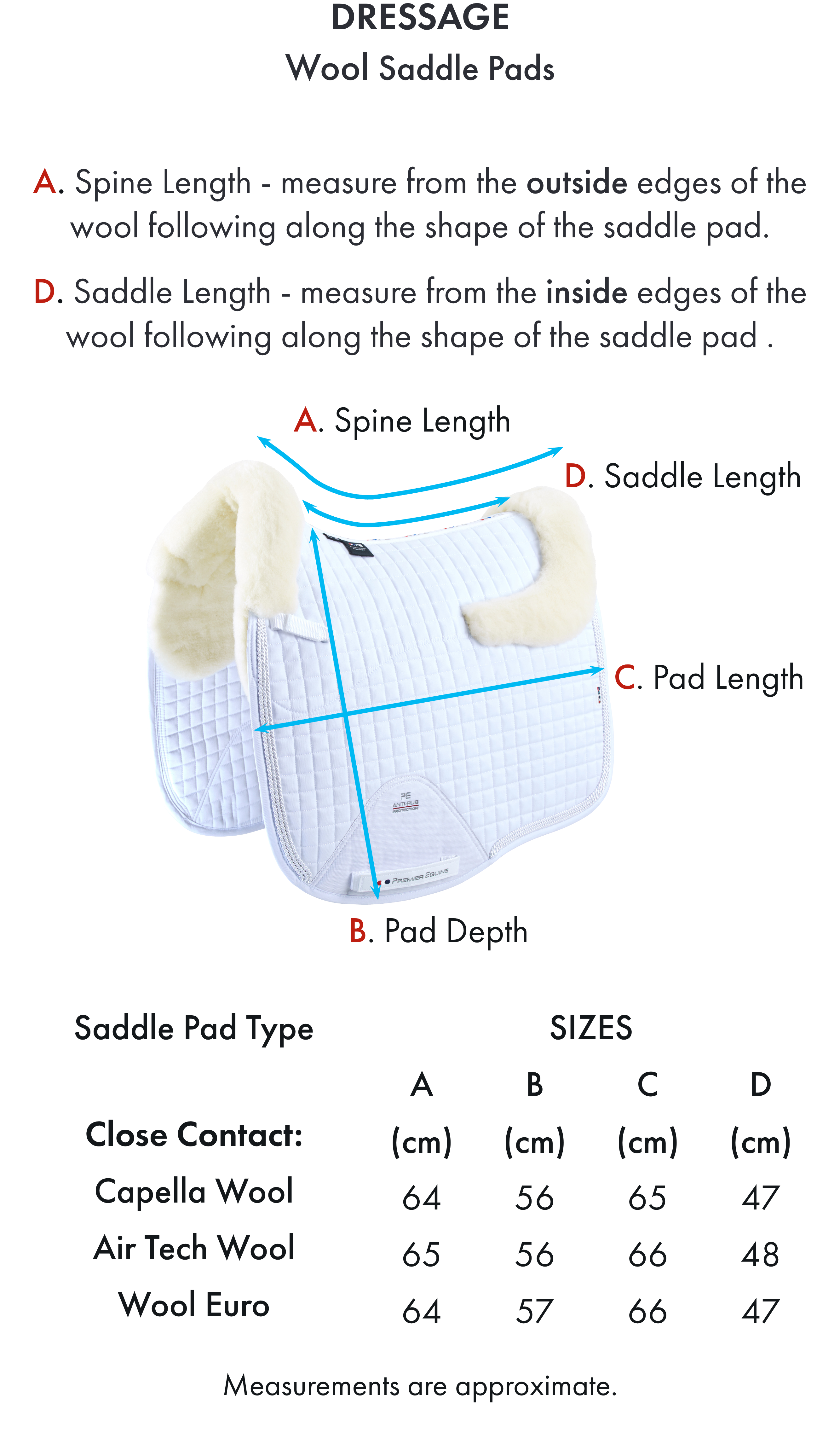 Premier Equine Close Contact Merino Wool European Saddle Pad - Dressage Square – Size chart