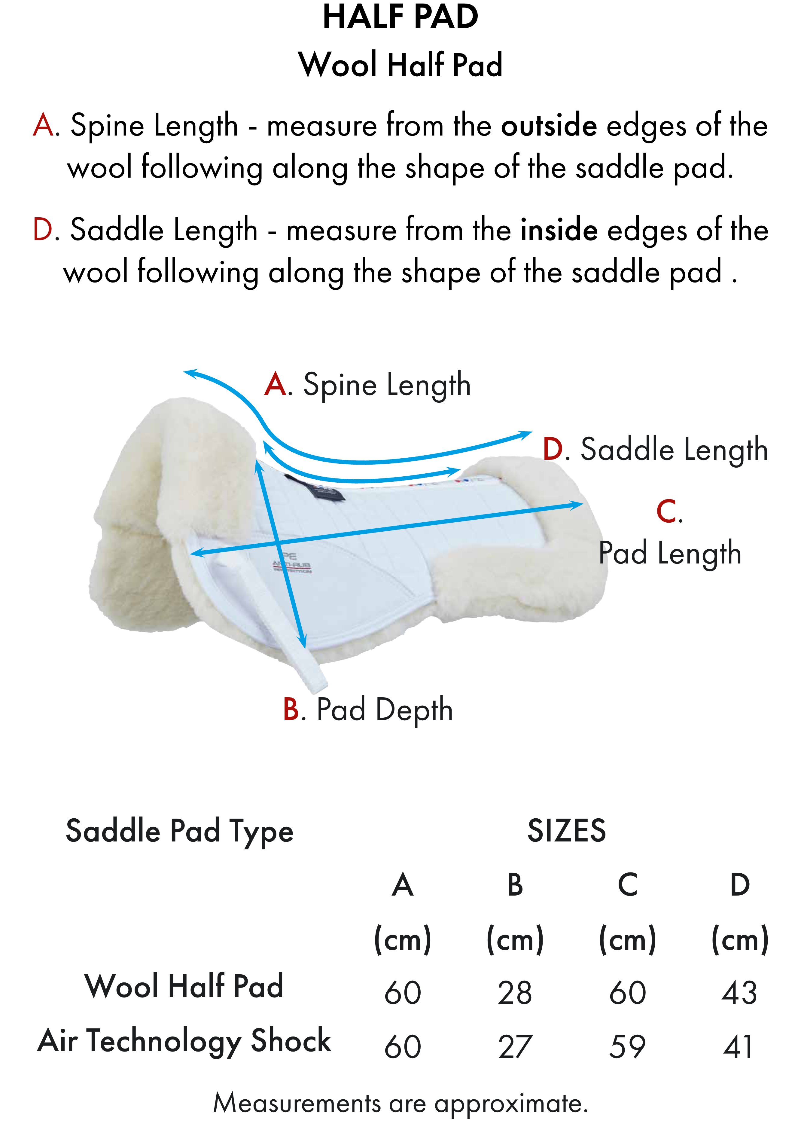 Premier Equine Merino Wool Saddle Pad - Half Pad – Size chart